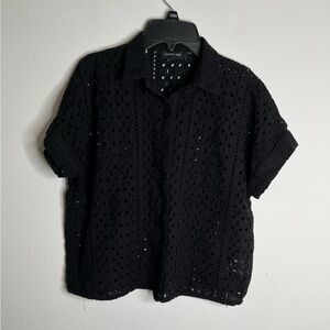 Calligraphie Top Women Size S Black Eyelet Open Knit Button Up Short Sleeves